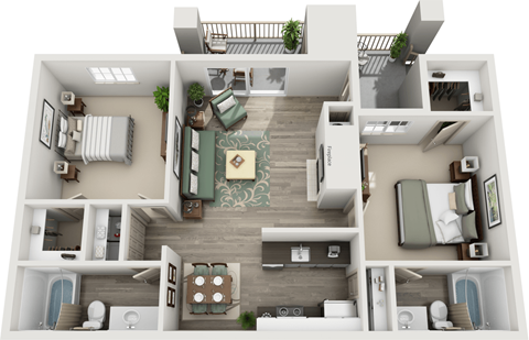 Floor plan for 2 beds, 2 baths, 968 sqft